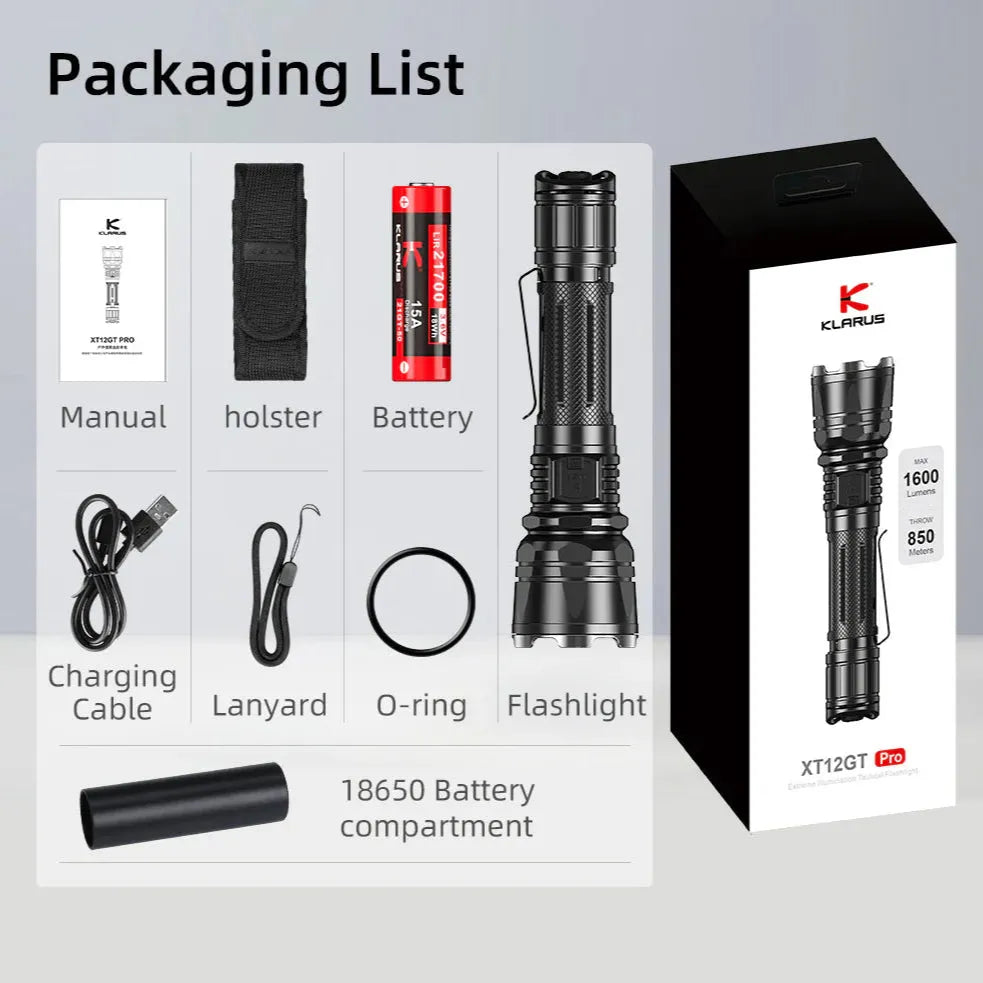 Klarus - XT12GT Pro - Solid IPX8 Taktisk Lommelykt - 1600 Lumen - Game-On.no