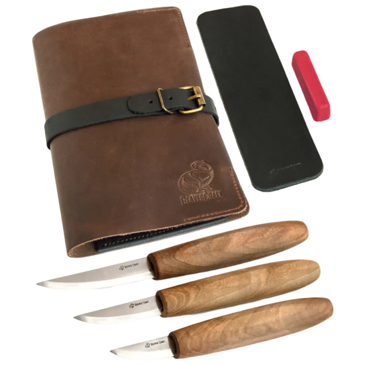 S19X Knife Set with Wood Carving Knives and Paring Knife - Leather Case