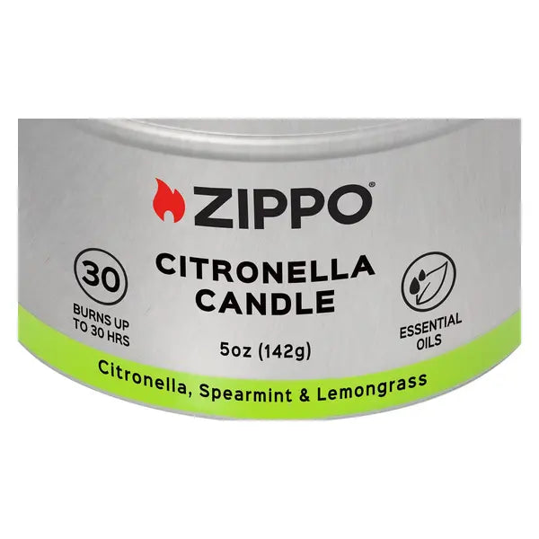 Zippo Citronella lys med mynte og sitrongress, nærbilde av etiketten